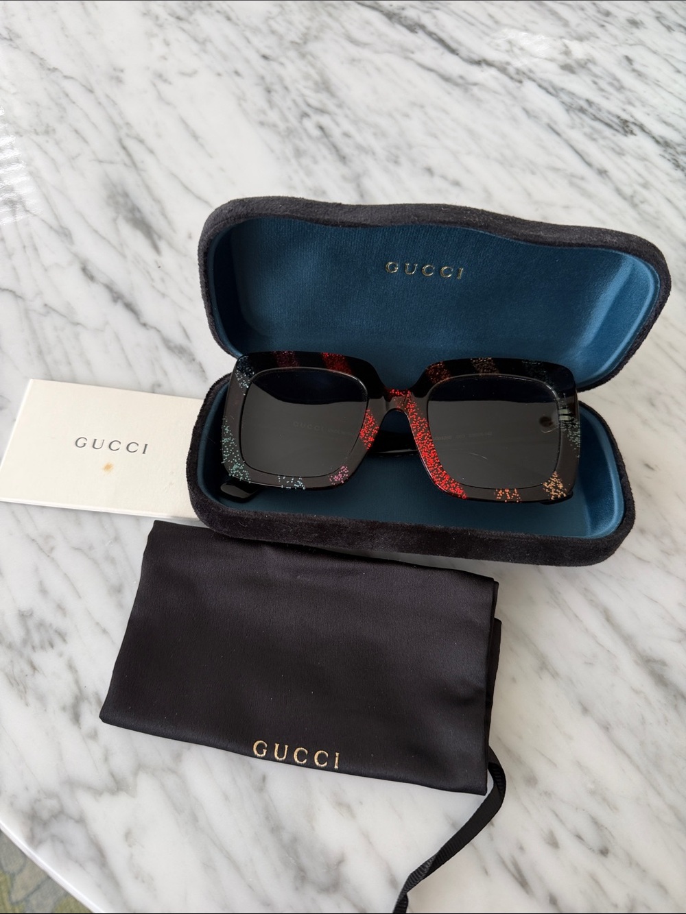 Gucci Black Square Sunglasses with Red & Green Glitter Accents